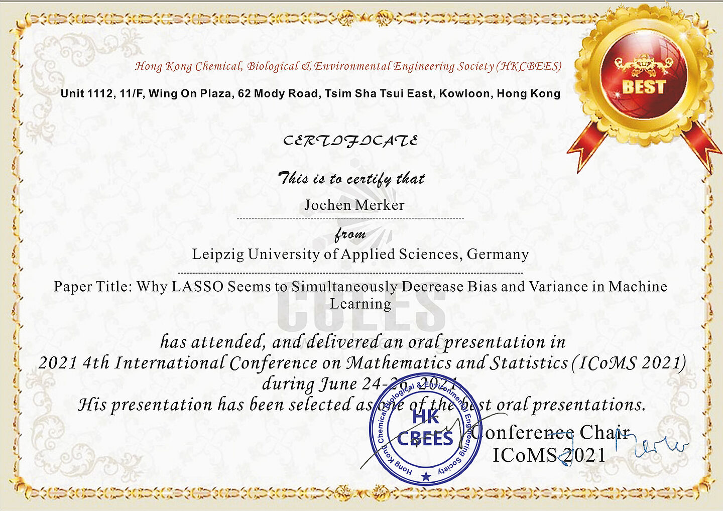 Urkunde für den Best Presentation Award Urkunde für den Best Presentation Award
