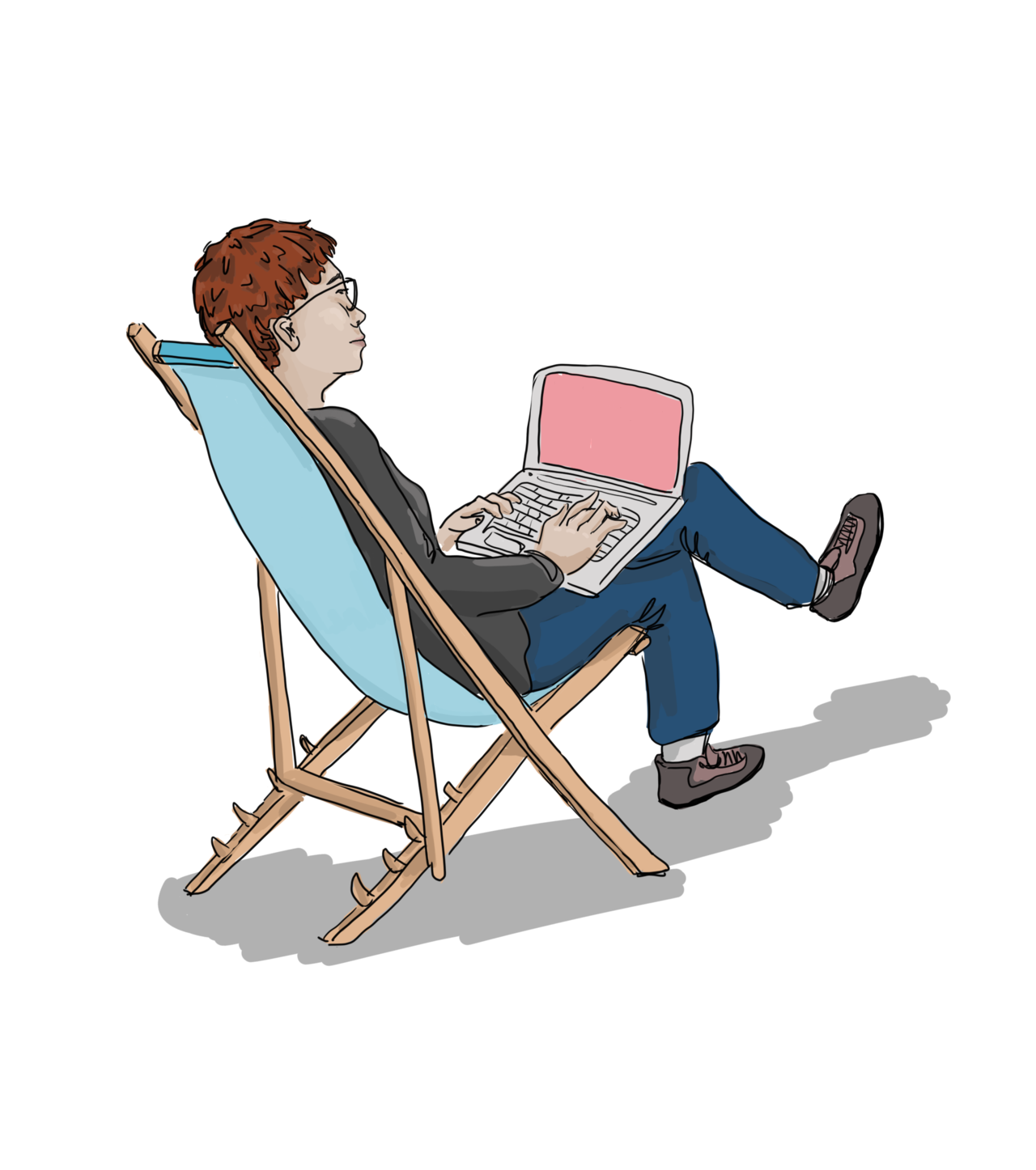 Illustration von einem Studenten, der mit seinem Laptop auf dem Schoß auf einem Liegestuhl sitzt