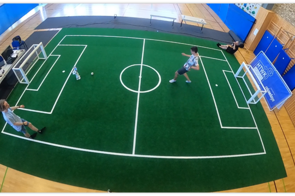 kleines Fußballfeld mit einem Roboter und zwei Menschen